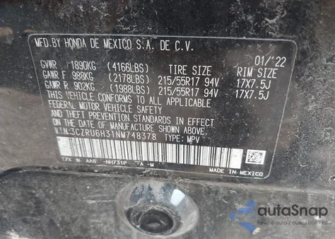 2022 Honda Hr-V Awd Lx from USA, damaged, VIN 3CZRU6H31NM748378